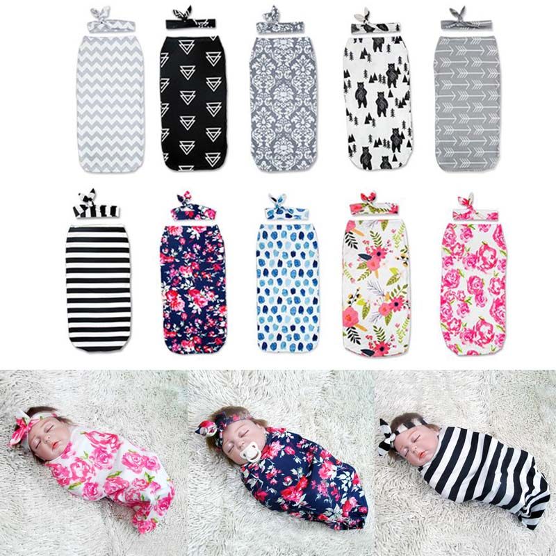 Headband Photo Prop Baby Newborn Blankets Printed Sleeping Swaddle Muslin Wrap