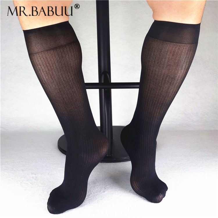 Men Solid Ribbed Striped Business Socks Vintage Soft Mesh Nylon Silk