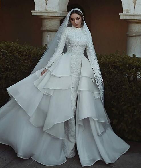 Vestidos de novia de manga larga musulmana de cuello alto con cuello alto blanco Vestidos de novia de manga larga de cuello alto Vestidos de novia de manga larga musulmana de cuello alto con cuello alto blanco Vestidos de novia de manga larga de cuello alto