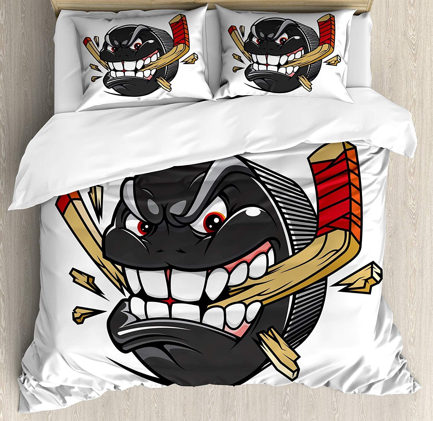 Hockey Duvet Cover Set Cartoon Hockey Puck Bites And Breaks Hockey