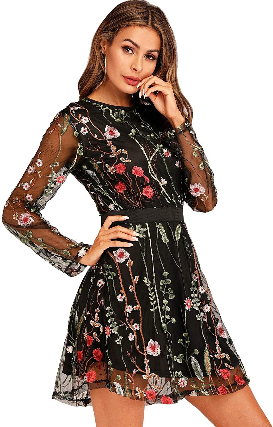 embroidered mesh dress long sleeve