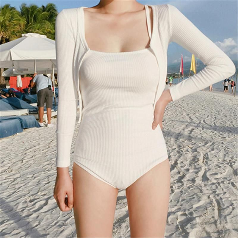 white long sleeve one piece swimsuit