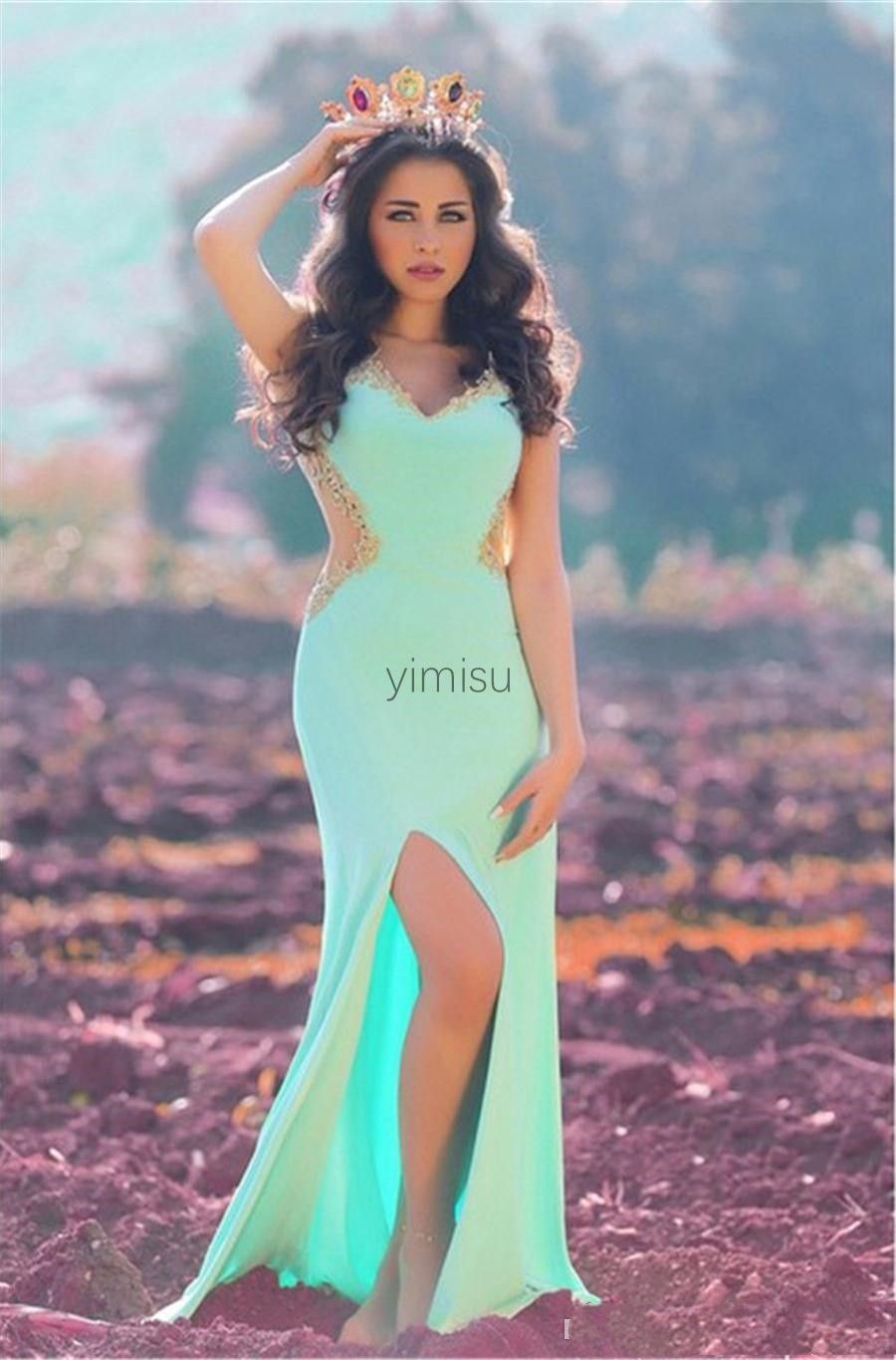 Mint Green Mermaid Prom Dresses V Neck See Through Side Split Gold Appliques Arabic Long Formal Evening Party Gowns Vestidos De Noche From Yimisu 111 62 Dhgate Com Mint Green Mermaid Prom Dresses V Neck See Through Side Split Gold Appliques Arabic Long Formal Evening Party Gowns Vestidos De Noche From Yimisu 111 62 Dhgate Com