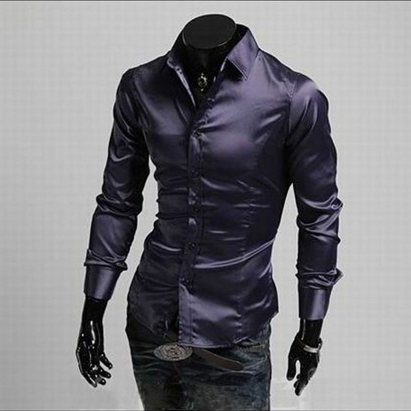 2119 New Style Fashion Hot Mens Silk Dress Shirt Solid Long Sleeve