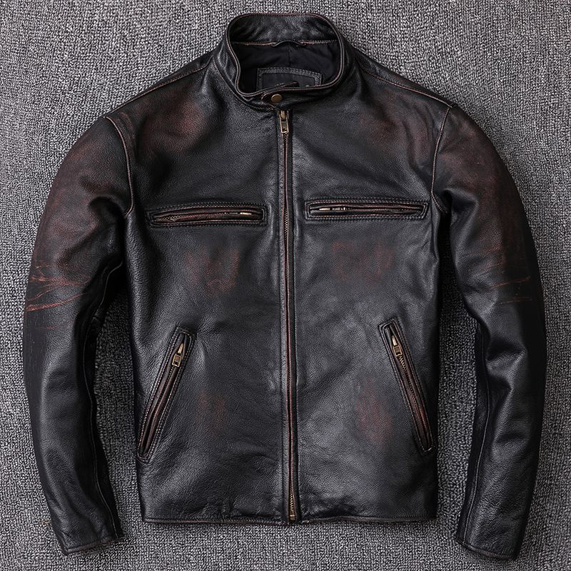 2020 2019 Vintage Retro Genuine Leather Jacket Men Cowhide Stand