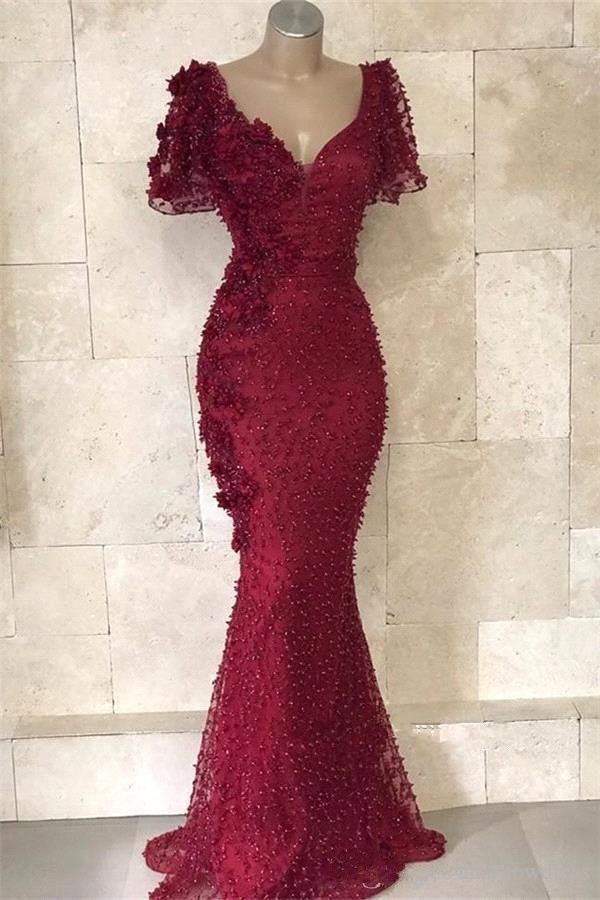 De lujo rojo oscuro árabes sirena vestidos de noche 2020 de manga corta con cuello en De lujo rojo oscuro árabes sirena vestidos de noche 2020 de manga corta con cuello en