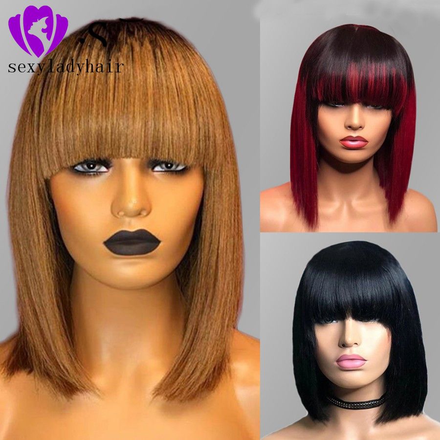 Bang Wig Brazilian Hair Burgundy Straight Bob Wig Short Bob Lace