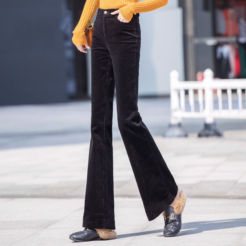 2021 Black Corduroy Pants Female Micro Horn Slim High Waist Stitching Fashion Flare Pants High Waist Winter Clothes Women From Liangcloth 34 34 Dhgate Com