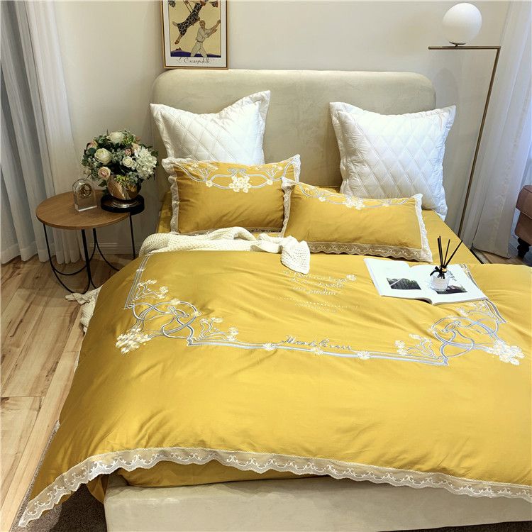 Egyptian Cotton Yellow Embroidery Lace Bedding Set Duvet Cover