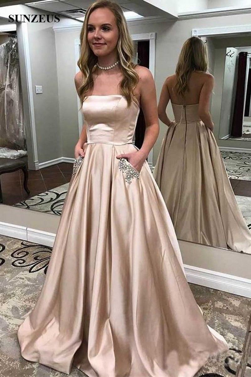 Una Línea Sin Tirantes Largo Vestido De Fiesta De Champán Bolsillos Con Cuentas Vestido De Fiesta De Las Mujeres Simples Vestidos De Gala 123,71 € | DHgate