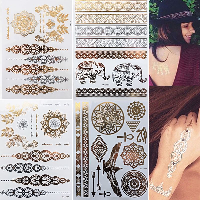 Gold Sliver Flash Metallic Inspire Waterproof Tattoo India Sun Henna Flower Bracelet Temporary Tattoo Sticker Christian Temporary Tattoos Custom Fake Tattoo From Kareem123 3 06 Dhgate Com