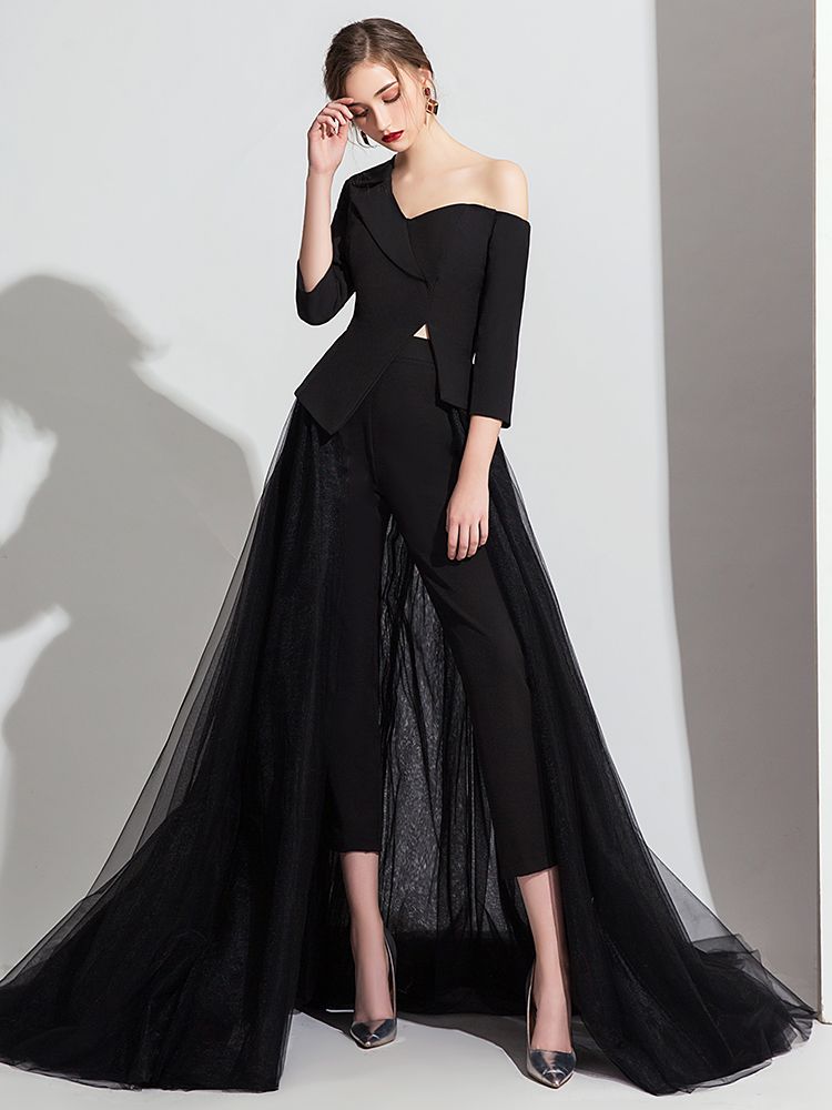 Compre Elegantes Vestidos De Noche Negro / Blanco Jumpsuit Pantalón De  Manga Larga Vestido Formal Vestido En V Cuello Árabe Dubai Dubai Bata 2022  A 111,99 € Del Donnaweddingdress12 | Es.Dhgate.Com