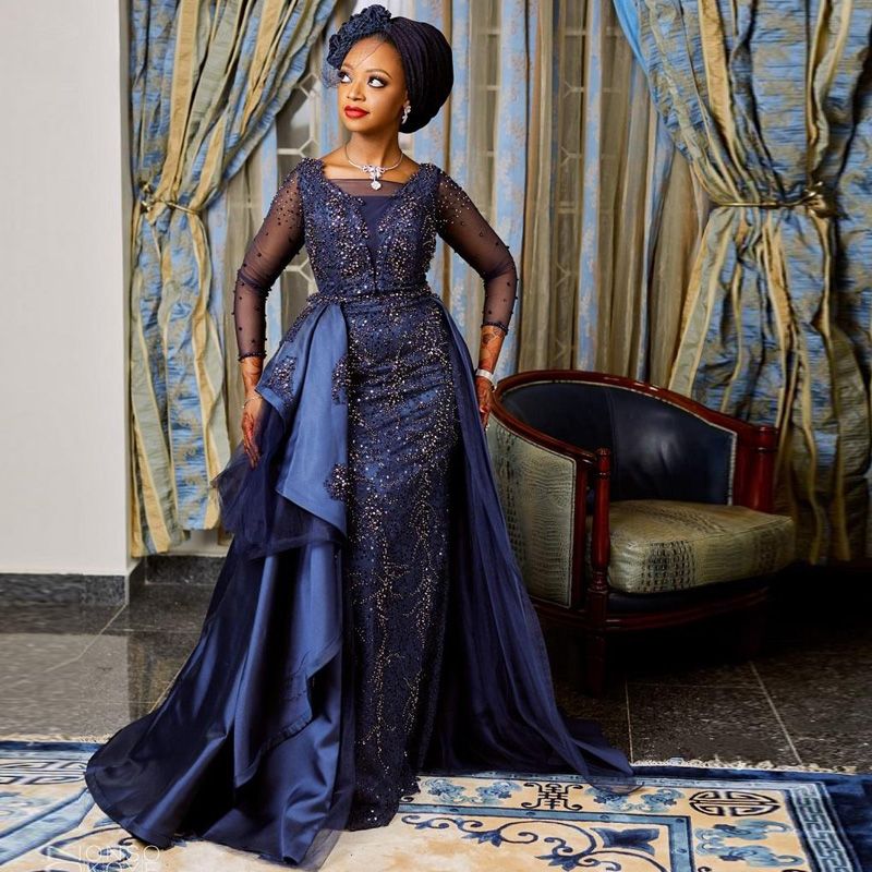 Modest Navy Blue Mermaid Prom Dresses With Detachable Train V Neck Long  Sleeve Sequin Satin Bead Africa Dress Plus Size Evening Gowns From Wevens,  $275.72 | DHgate.Com