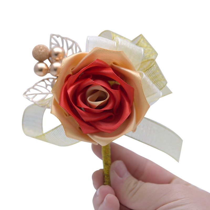 2019 Wedding Boutonnieres Gold Pink Silk Roses Flower Corsage