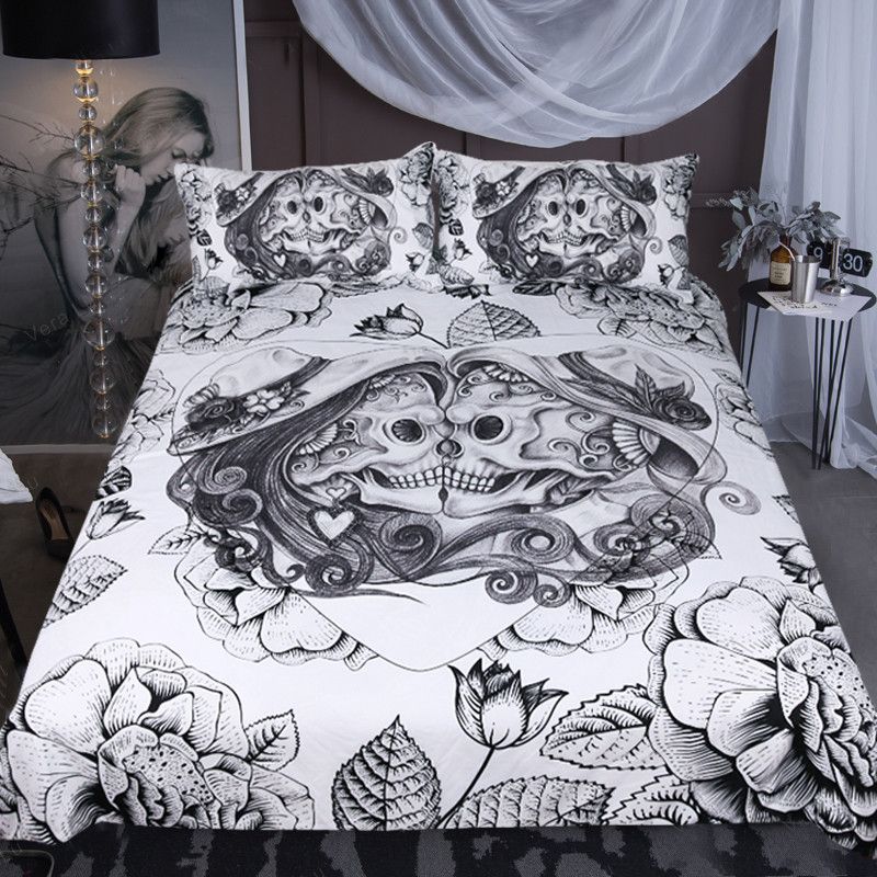 Heart Skull Bedding Set Black White Love Skulls Duvet Cover