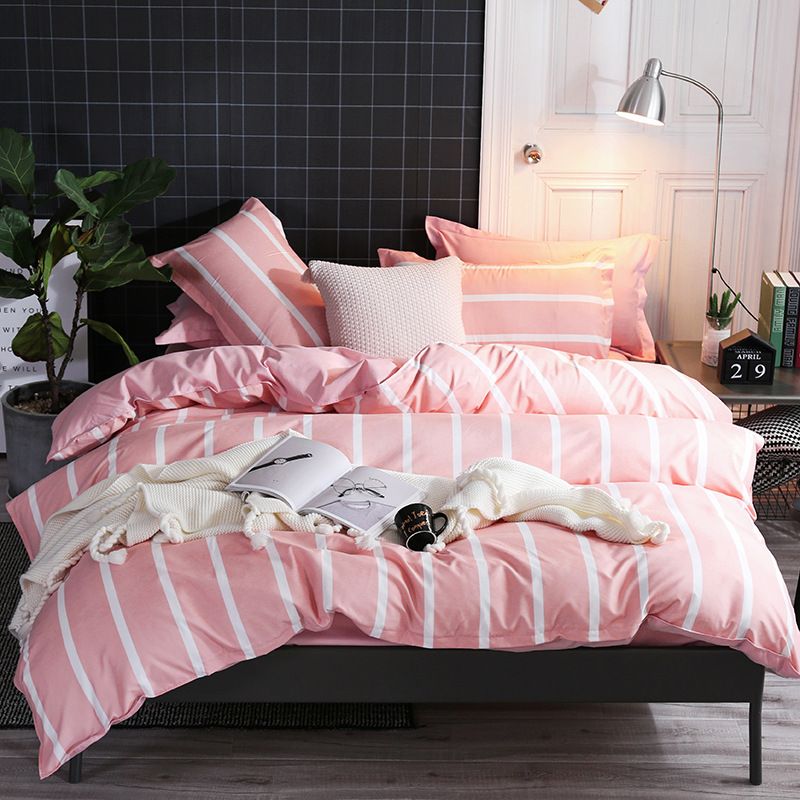 Striped Pink White Soft Comforter Bedding Sets Linens Pillowcase