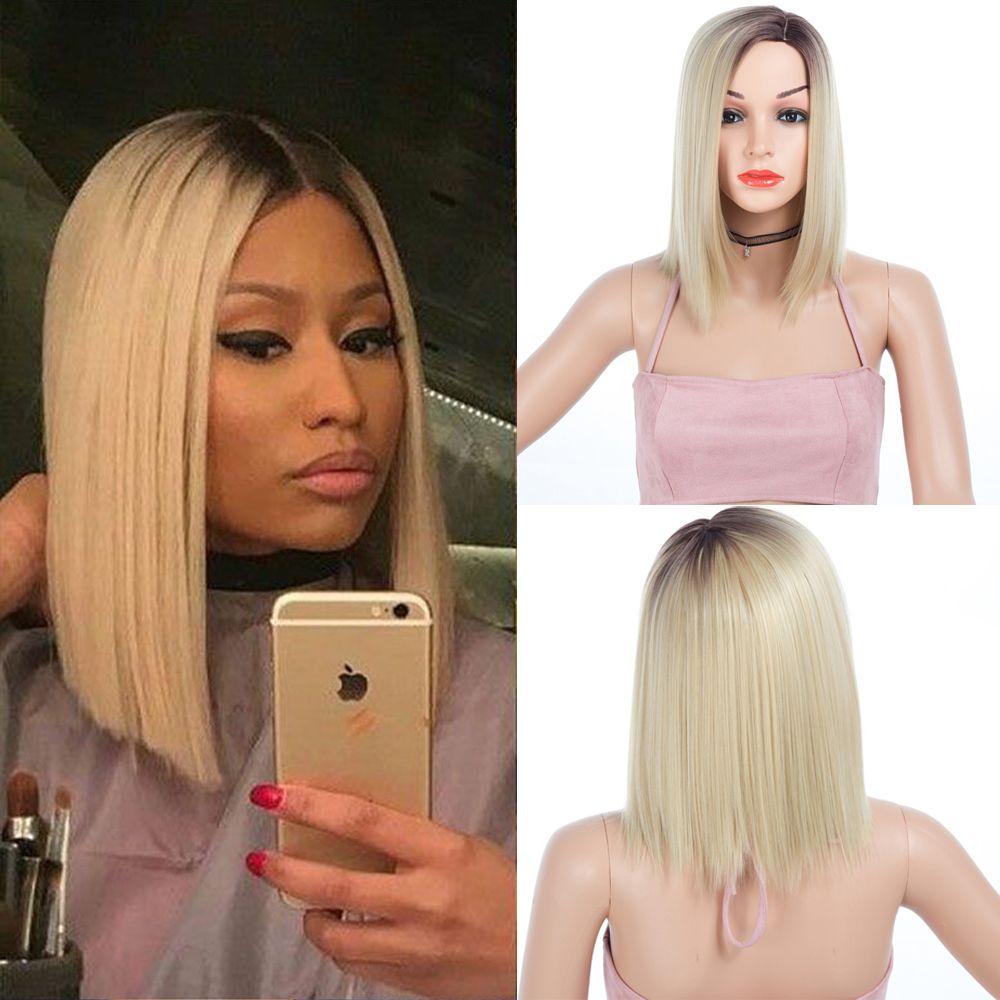 Ombre Blonde Short Straight Wigs Synthetic Hair Women Wig Grey