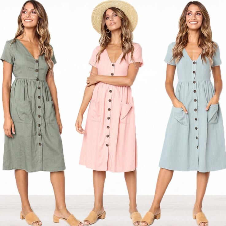 Compra Vestido Midi De Verano Con Botones Barato | Entrega Rápida Y Calidad  | Es.Dhgate