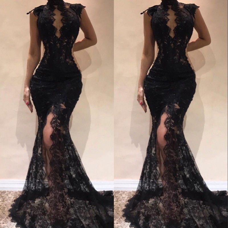 mela black high neck lace maxi dress