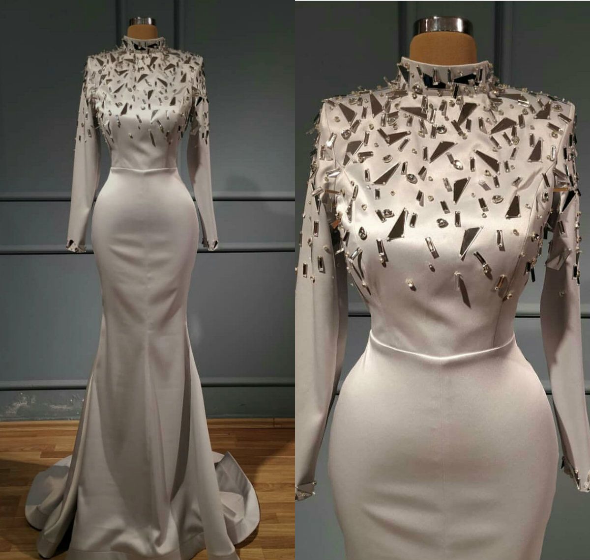Yousef Aljasmi Silver Evening Dresses Major Crystal High Neck Mermaid
