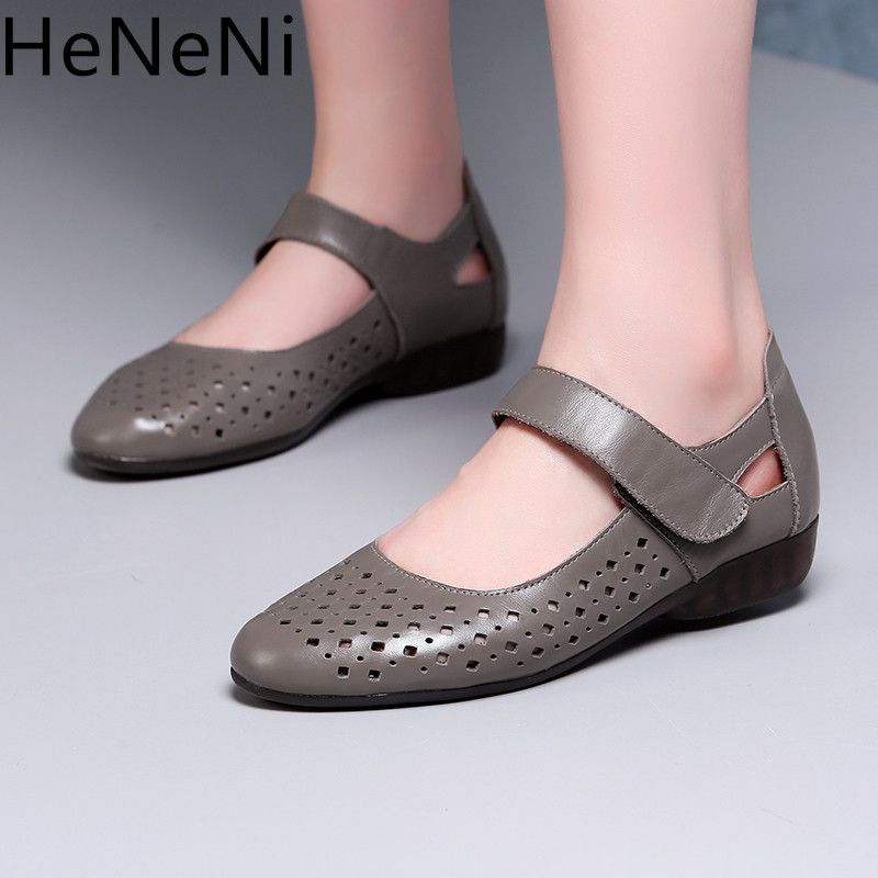 Genuine Leather Flats Shoes Women Retro Mary Jane Ladies Hollow
