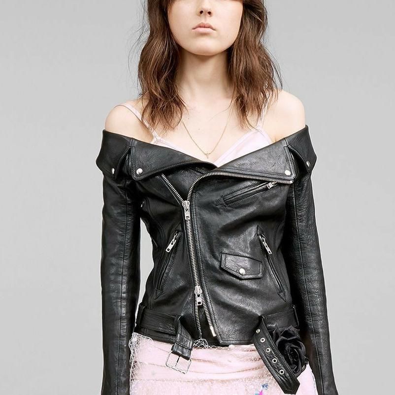 leather off shoulder jacket
