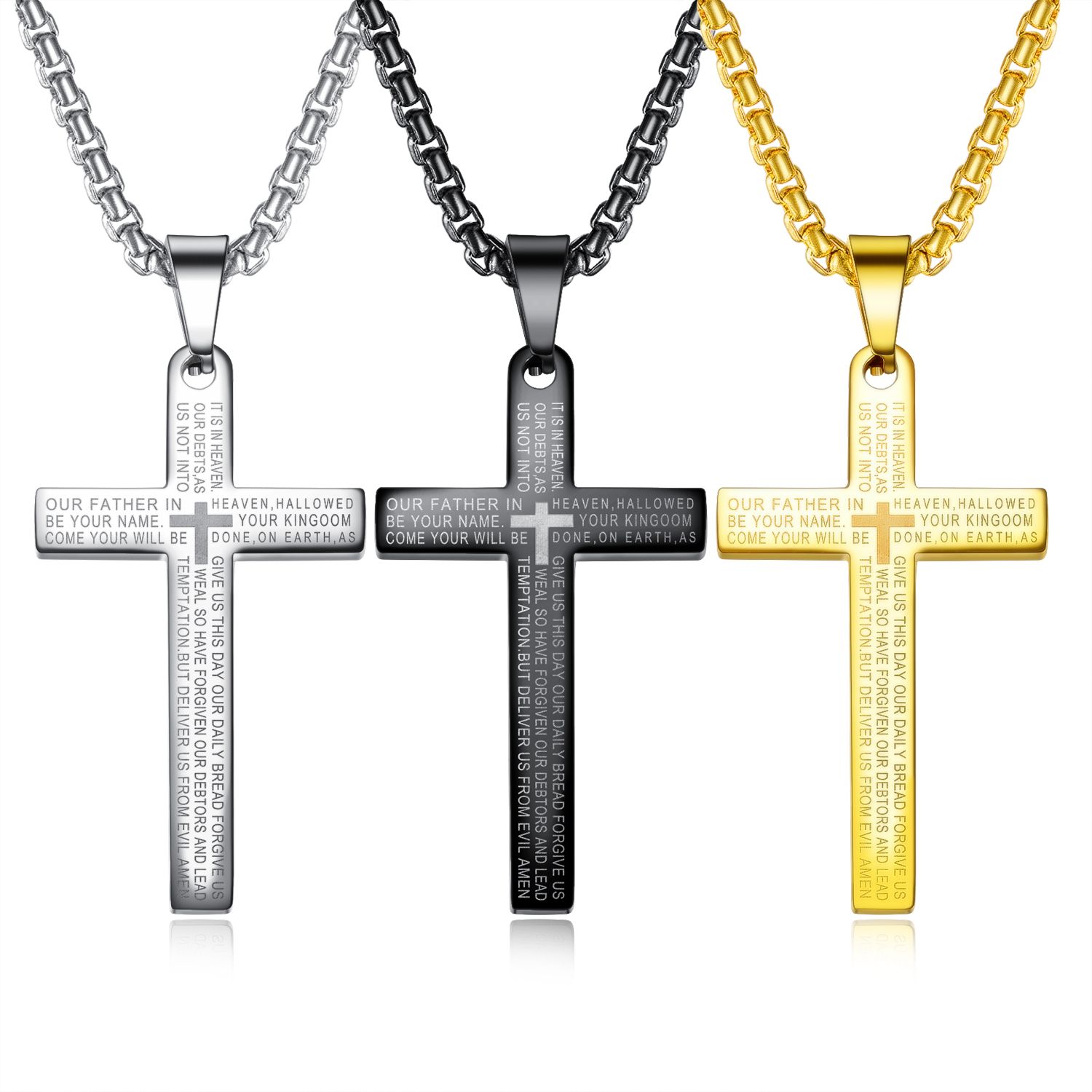 LORDS PRAYER Cross Necklace & Pendant Stainless Steel SILVER BLACK OR BLUE UK 