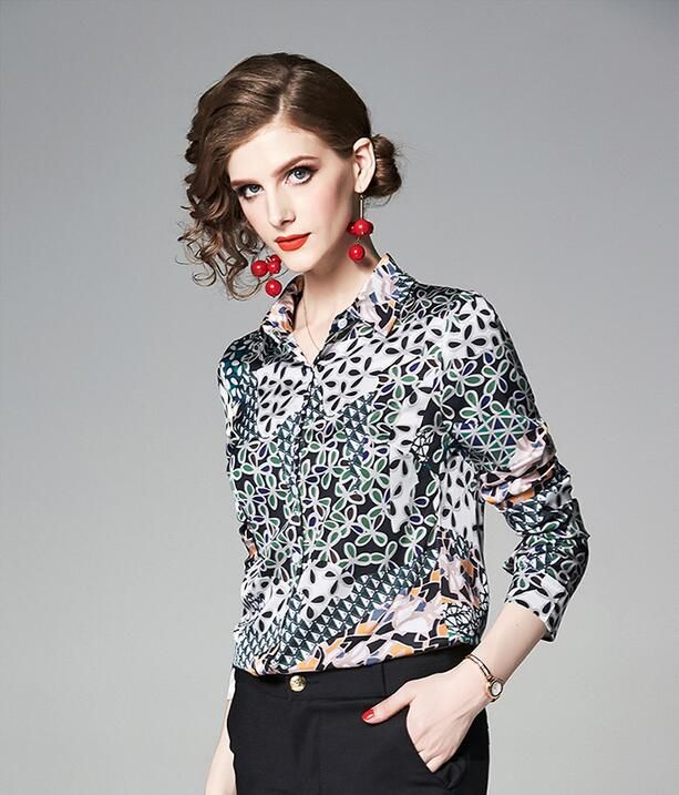 2019 Nueva Hoja Impresa Manga Larga Mujer Blusa De Solapa Cuello