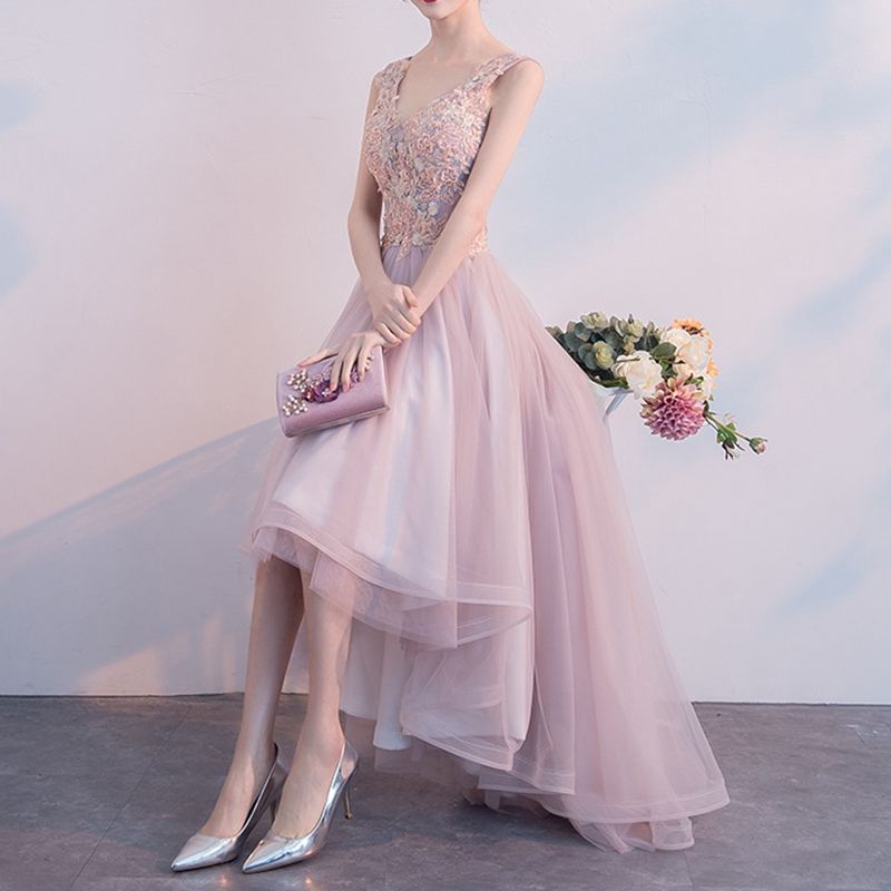 Compra Dulce Cuello En V A Línea Rosa Vestidos De Graduación De Fiesta  Delicada Apliques De Encaje Alto Vestido De Noche Bajo Lace Arriba Petite  Vestidos Formales Para La Cena De Compromiso