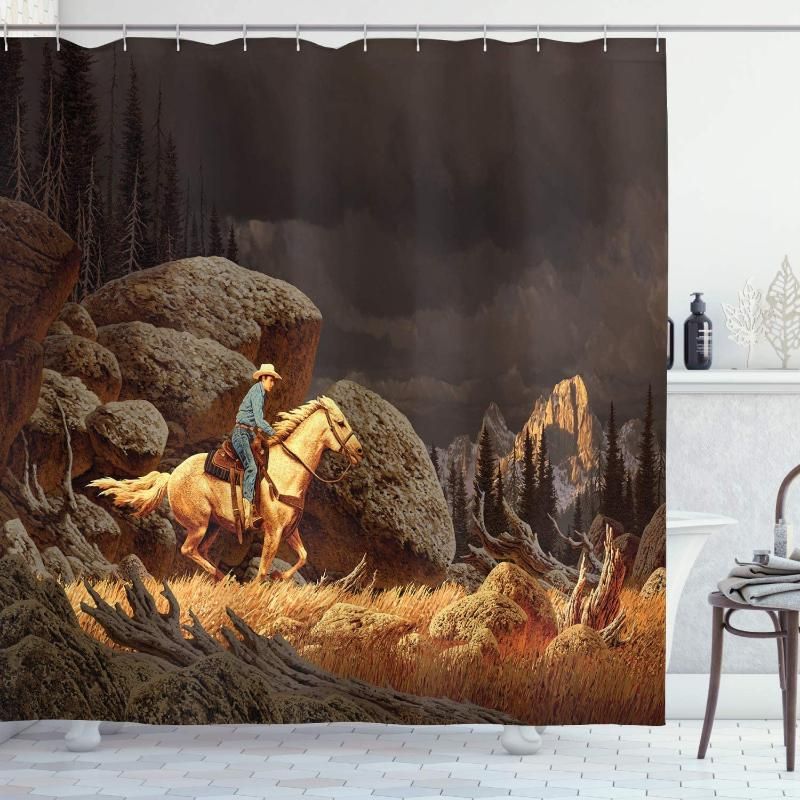 2020 Western Shower Curtain Rock Mountain Landscape With Cowboy Riding Horse Northmericstyle Bathroom Decor Set With Hooks 70 Long From Balletby 22 2 Dhgate Com