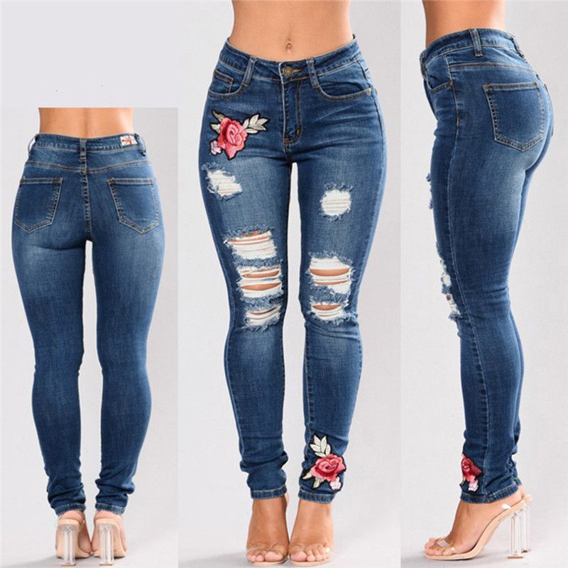 Compre Mulheres Bordado Calça Jeans Stretch Cintura Alta Skinny Rasgado  Mulher Floral Buraco Denim Calças Lápis Calças Jean Barato | Entrega Rápida  E Qualidade | Pt.Dhgate