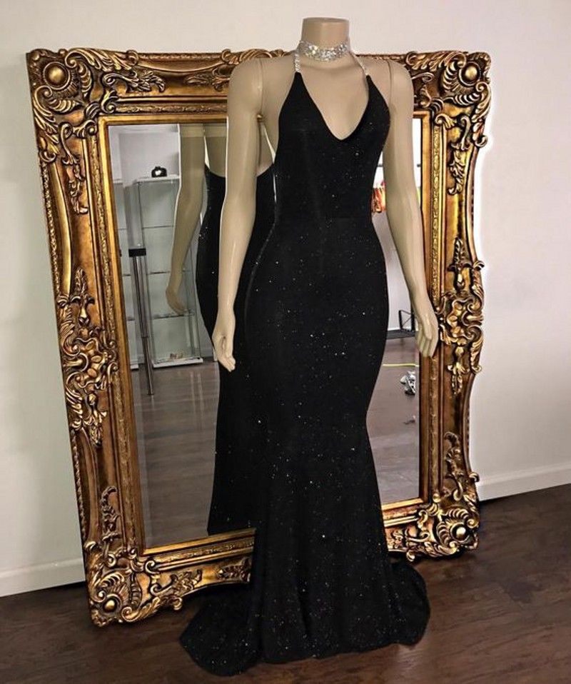 Black Sequined Prom Dresses Mermaid Dubai Halter Neck Sexy Backless ...