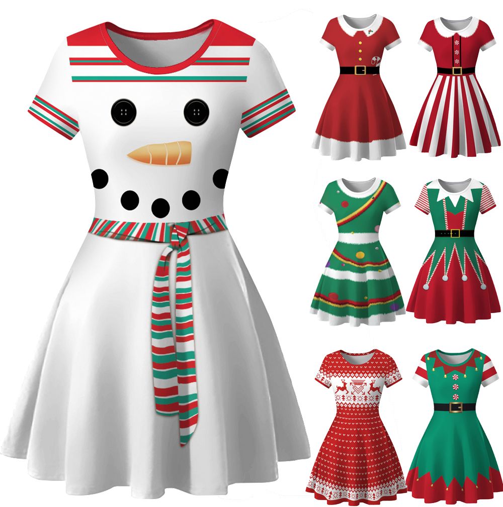 2021 New Snowman Print Christmas Party Dress For Women Vintage Party ...