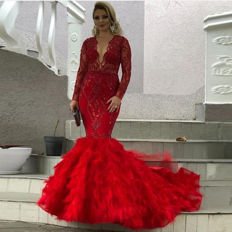 Plus Size Mermaid Red Prom Pageant Dresses With Long Sleeve 2020 Sparkly  Lace Sequins Tiered Ruffles Skirt Trumpet Dubai Evening Gowns From  Alegant_lady, $162.32 | DHgate.Com