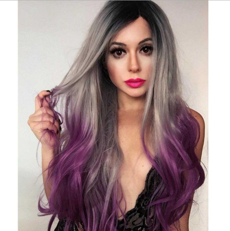 Long Curly Hair And Rose Intranet Wig For European And American Women With Black Grey Purple Tricolor Gradient Dyeing Sythetic Fiberhair Janet