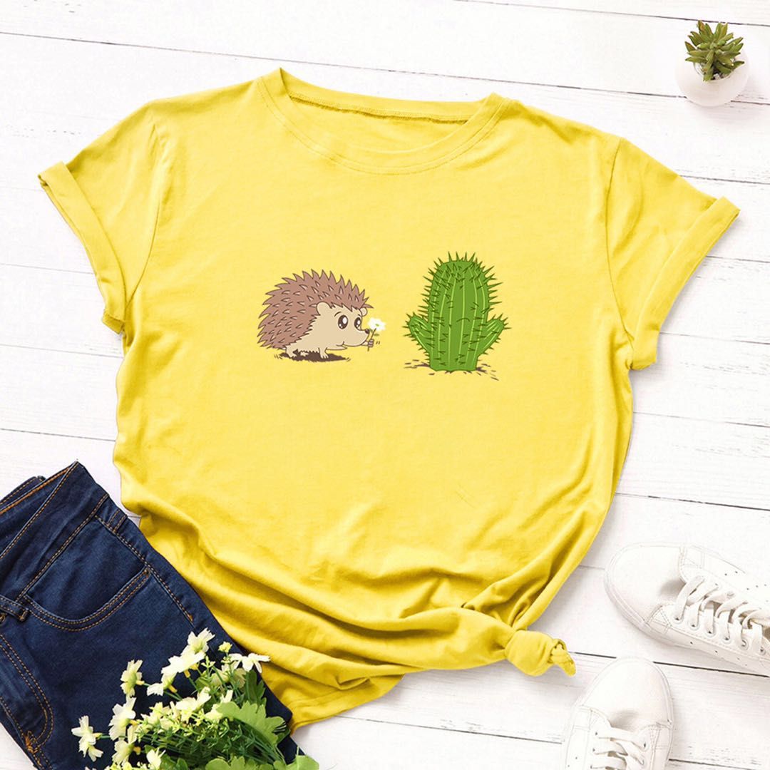 verano de la camisa de Kawaii de Harajuku T dibujos Hedgehog Cactus mujeres divertidas Tops