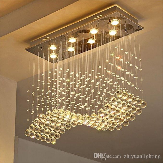 Contemporary Crystal Rectangle Chandelier Rain Drop K9 Crystal Ceiling Light Fixture Wave Design Flush Mount For Dining Room 3 Light Chandelier