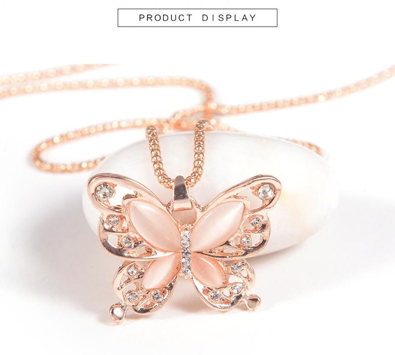 Mode Women Rose Gold Opal Butterfly Charm Pendant Long Chain Necklace Jewelry CU