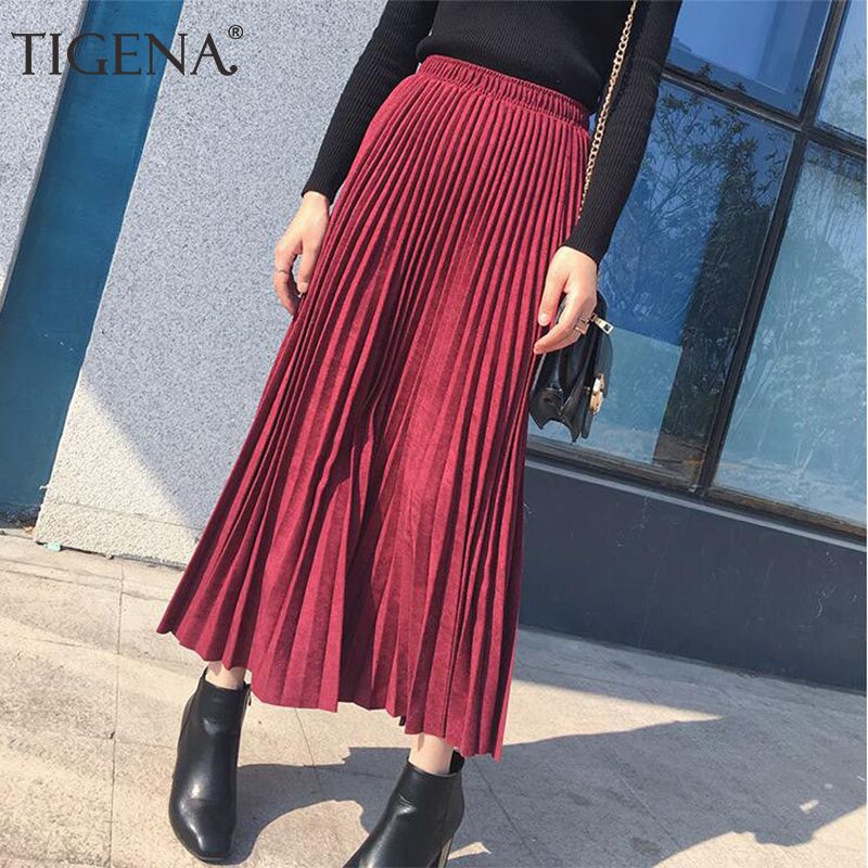 TIGENA Gamuza faldas plisadas Mujeres Moda Otoño Invierno 2019 Midi falda larga femenina de