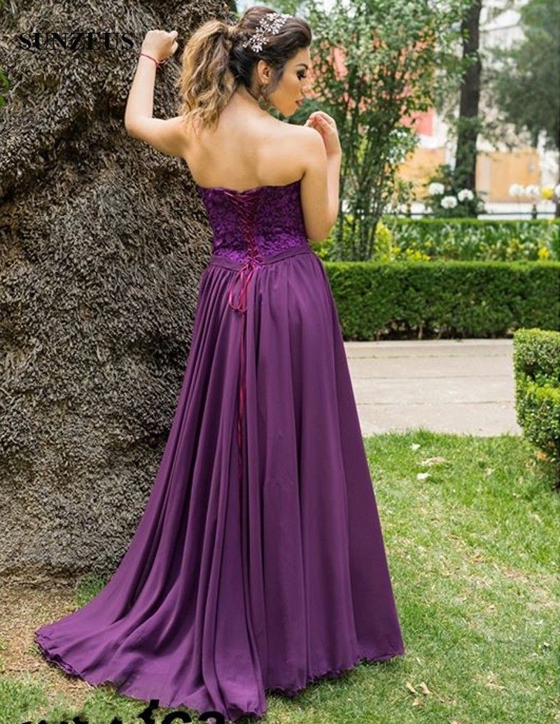 Dark Purple Bridesmaid Dresses Chiffon Long Women Party Dress For Wedding  A-line Sweetheart Lace Corset