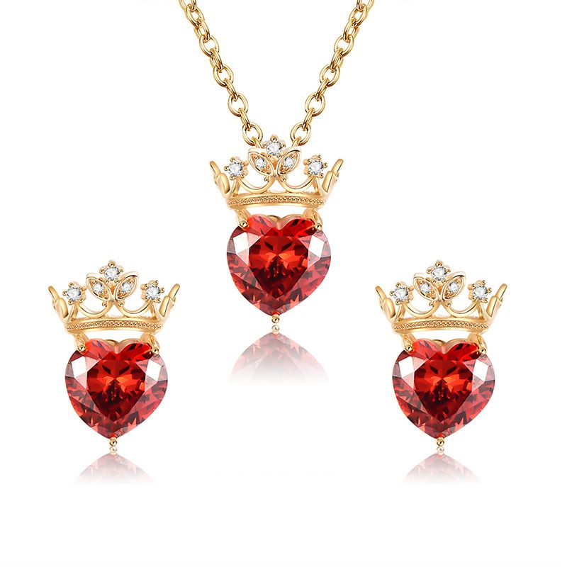 Red Heart With Zircon Crown Necklace 