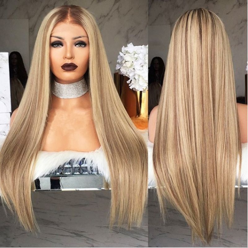 Natural Hairline Ombre Blonde Long Straight Heat Resistant Hair Women Wedding Party Halloween Present Synthetic Lace Front Daily Makeup Wigs Front