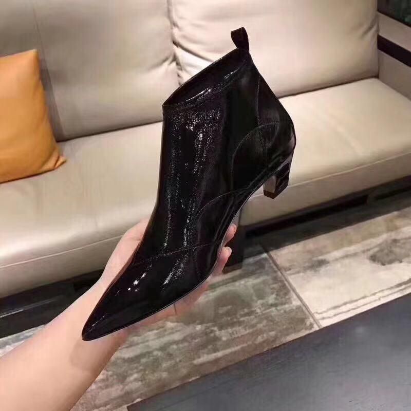black patent low heel boots