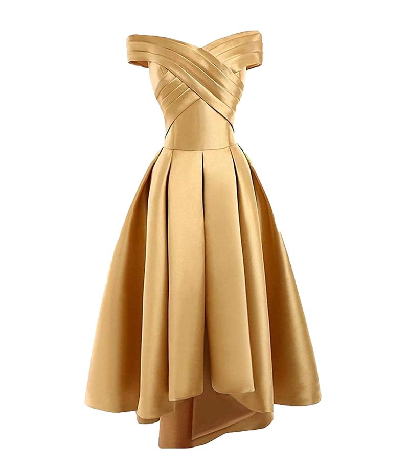 Womens Off Shoulder Gold Satin Short Prom Dresses Cheap High Low