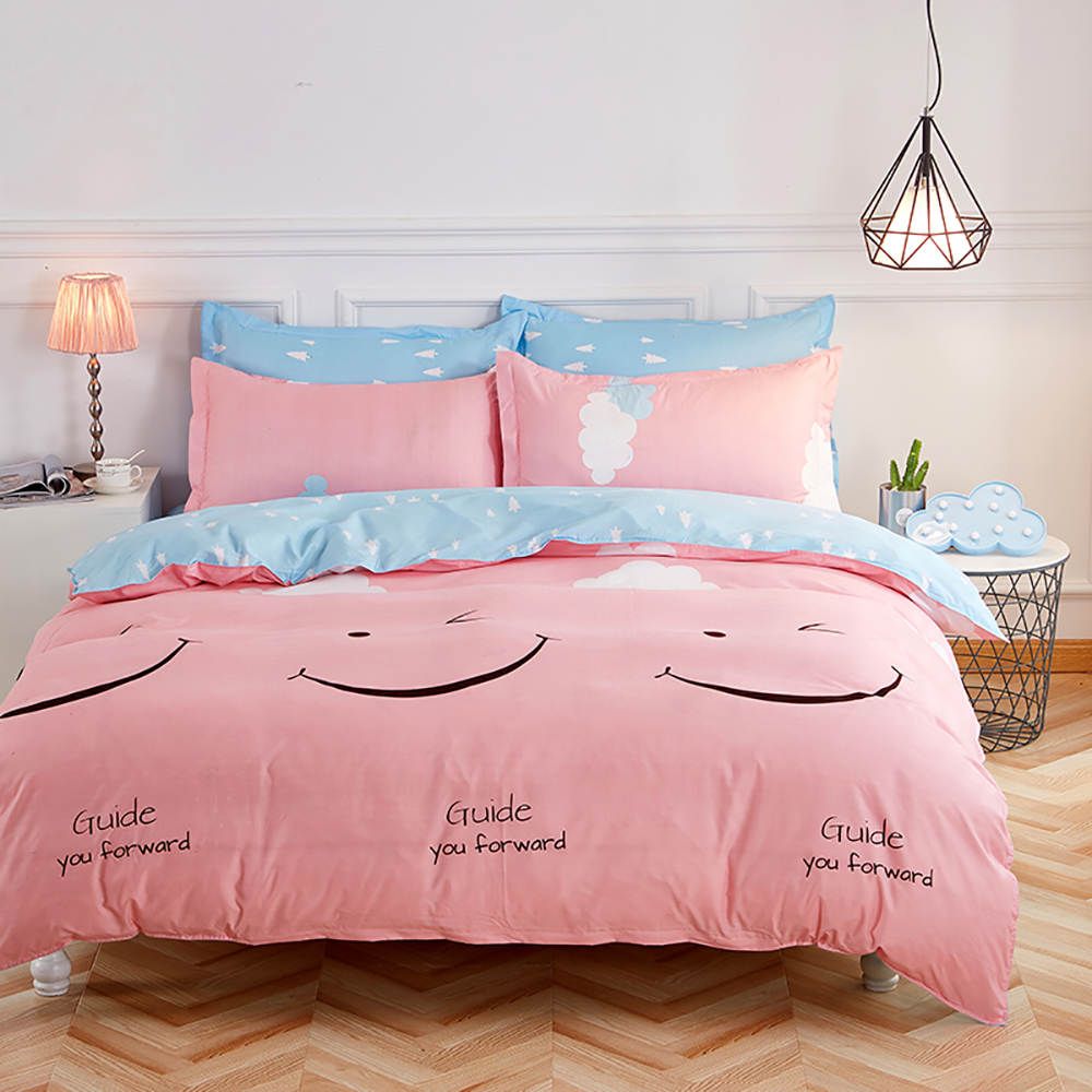 Smile Face Bedding Set For Girls Creative Simple Sweet Pink Duvet