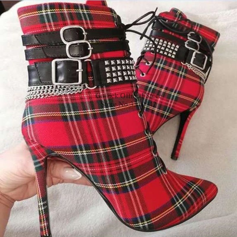 red plaid ankle boots