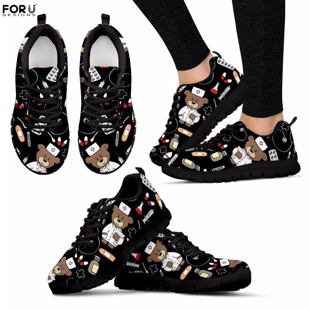 Forudesigns Women Mesh Sneakers Black Nurse Bear Printed Cartoon