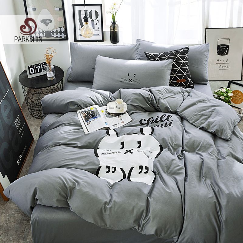Parkshin Cat Bedding Sets Linen Cotton Gray Bedspread Comforter