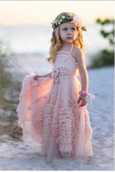 Encantadora playa Boda Vestidos niñas en flor Vestidos Sin espalda Volantes línea Princesa