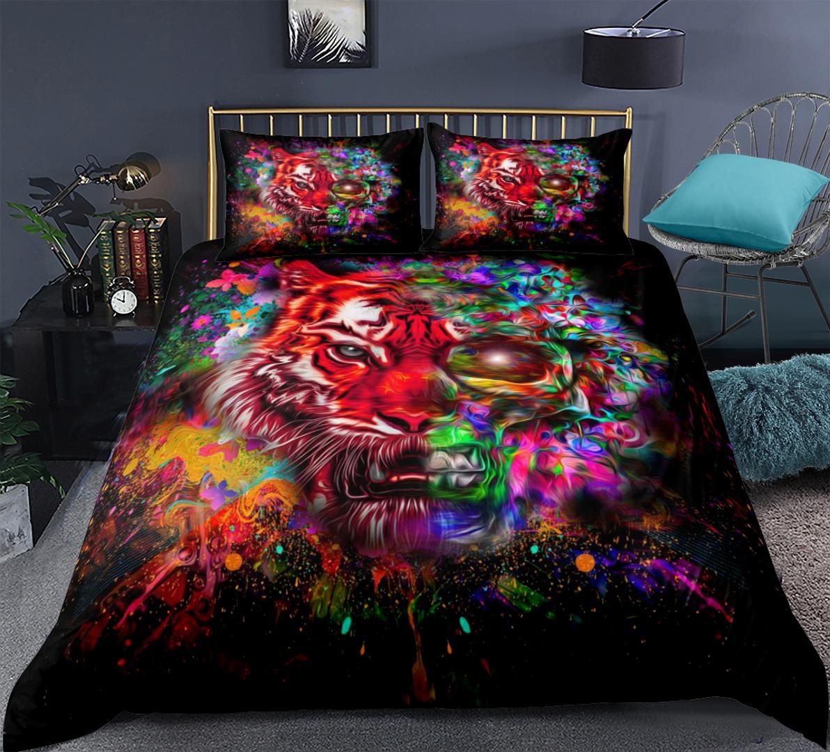 Tiger Bedding Set Colourful Animal Duvet Cover Set Black Skull